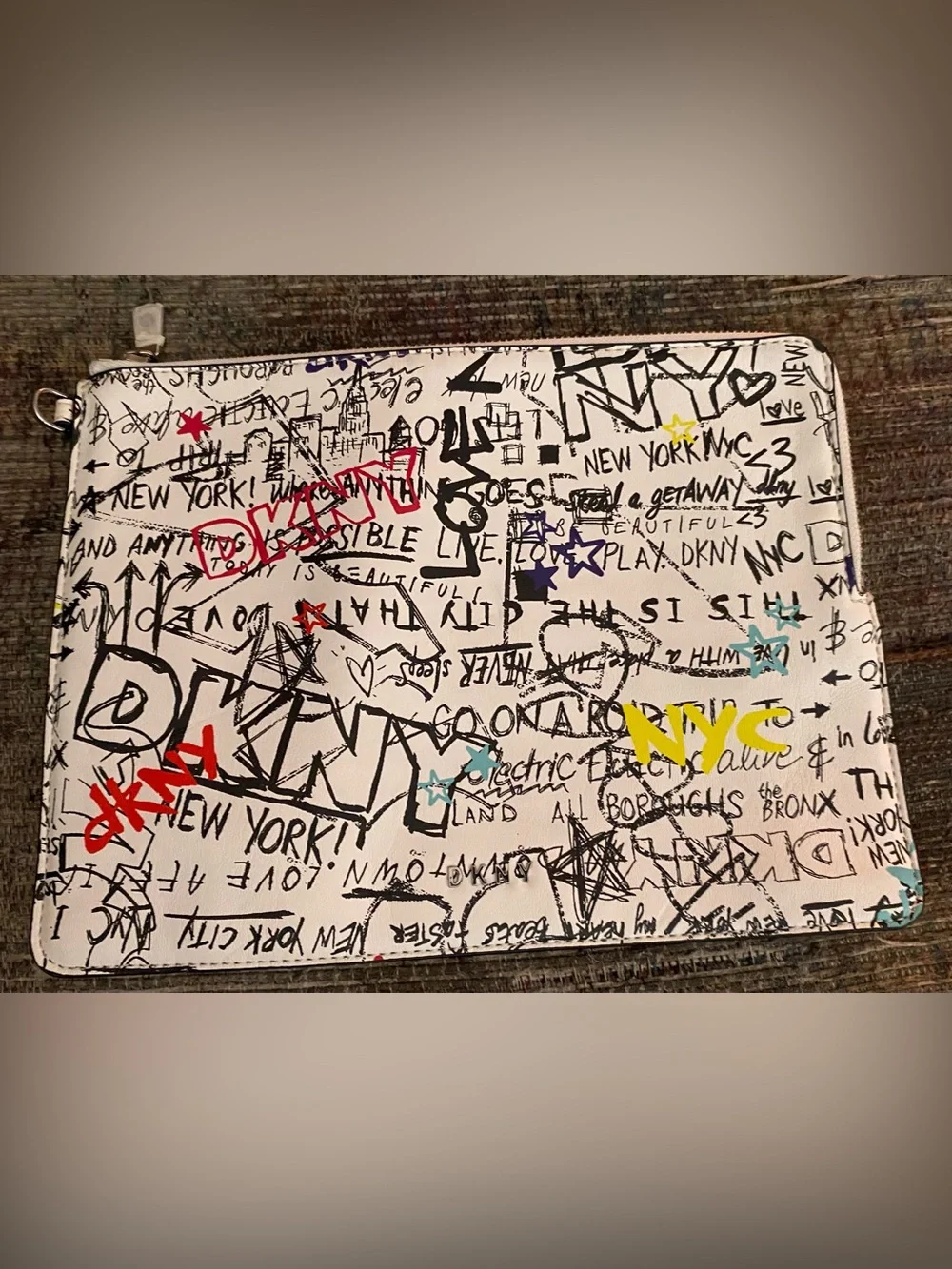 DKNY White Graffiti Zip Pouch with Multicolor Accents